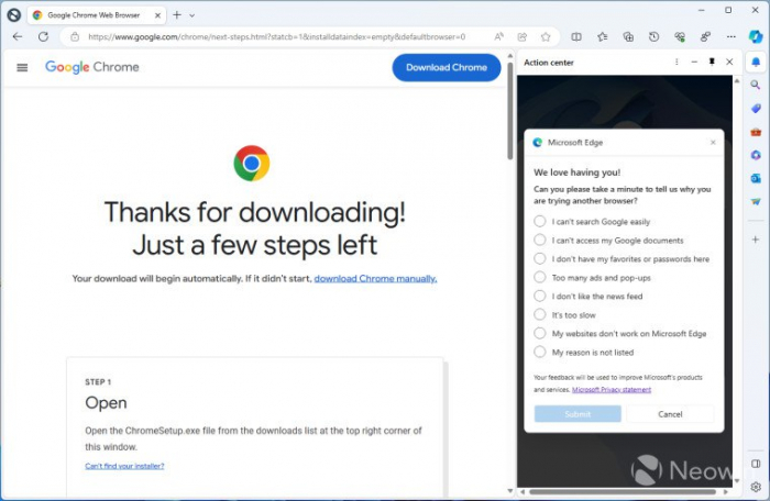 Нова спроба Microsoft зупинити перехід з Edge на Chrome у Windows 11 - компанія хоче знати причину, чому ви це робите – фото 1