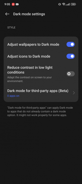 Настройки dark mode в realme UI 4.0