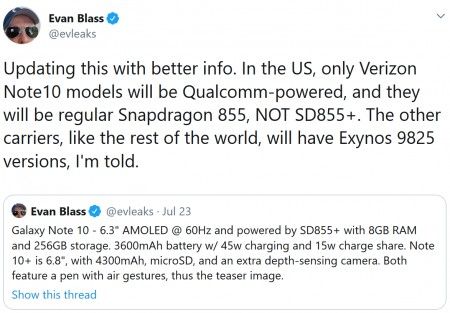 в твиттер Эван Бласс сообщил о продаже Galaxy Note 10 в двух версиях