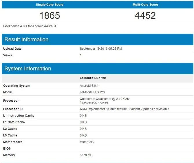 LeEco Le Pro 3 на базе Snapdragon 821 и с 6 Гб ОЗУ был замечен в бенчмарке Geekbench – фото 2